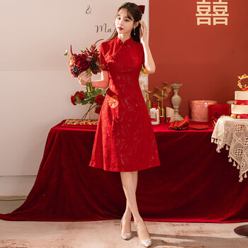 汀曼莲红色旗袍新款女2023年轻款新娘敬酒服复古连衣裙酒红色s