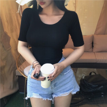 網紅女主播直播衣服低胸t恤性感女裝上衣夏季修身顯胸大緊身五分袖