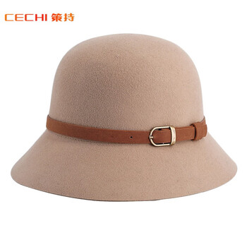策持秋冬复古渔夫帽优雅羊毛帽子女冬英伦毛呢盆帽百搭款帽子 卡其色