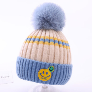 宝宝帽子冬季婴儿毛线帽护耳保暖纯棉秋冬天男孩女儿童毛球针织帽蓝色