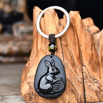 枭图增旺庆堂玉兔添福吊坠2023属狗生肖吉祥物项链红黑曜石玉挂件饰品