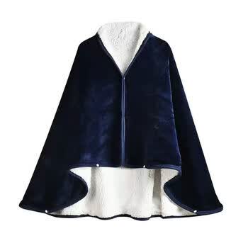 午睡双层披肩办公室学生斗篷加厚保暖式加绒毯子冬毛毯年 深蓝连帽款