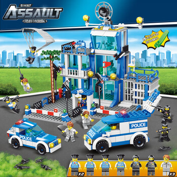 乐高乐中国积木城市警察局汽车军事拼装特警男孩子儿童玩具警车模型