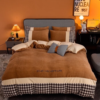 加绒四件套双面绒床单被套牛奶绒法兰绒珊瑚笠床上冬季 诺力系列-棕色