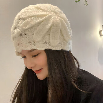 若文瓜皮帽男冬季手工钩花包头帽遮白发毛线帽秋冬防寒保暖帽子女镂空