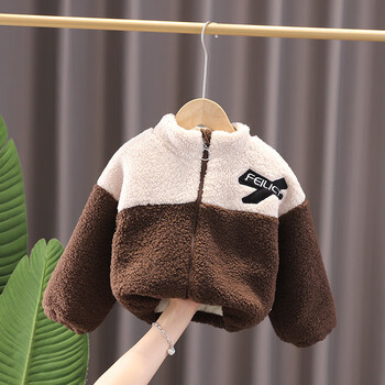 13岁幼儿园学生拼接长袖衣服新款男婴摇粒绒防风棉衣休闲宽松棕色90cm