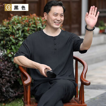 wnhc唐装男夏天中老年棉麻爷爷短袖夏季亚麻薄款老人衣服爸爸夏装套装