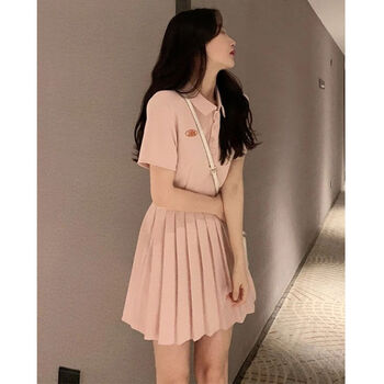 2022夏季新款小个子百褶裙子女夏设计感小众年轻领粉色连衣裙少女粉s
