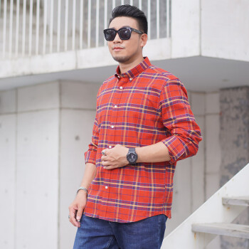 纯棉长袖衬衣男加肥加大秋季新款磨毛肥佬男士格子衬衫z5888款红色2xl