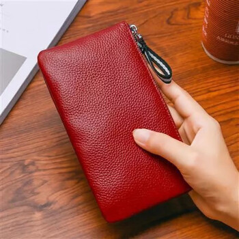 款女士钱包皮手包手机钱夹拉链手拿卡包零钱包男流行包枣红色52寸手机