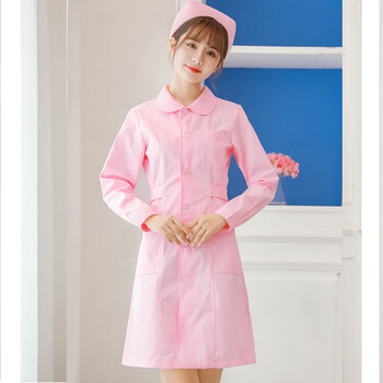 护士服中长款女秋冬长袖白大褂夏款短袖修身医院医护工作服娃娃领粉色