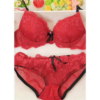 性感蕾丝薄款棉垫刺绣白少女内衣文胸套装1001酒红色套装3270ab杯通用