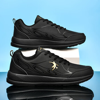 踏春秋款黑色运动鞋男初中学生皮面防水青少年防滑高中生纯黑跑步鞋