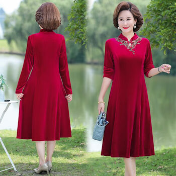 雅鹿新款中老年人女装连衣裙中长款打底裙春秋款妈妈装裙子秋装广场舞