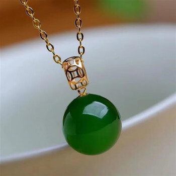 博皓定制俄罗斯和田碧玉珠圆珠吊坠银镶玉女款坠子项链礼物圆珠直径