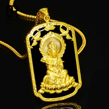 琼瑞阁黄金吊坠本命佛999足金普贤菩萨守护神金佛坠和田墨玉转运珠
