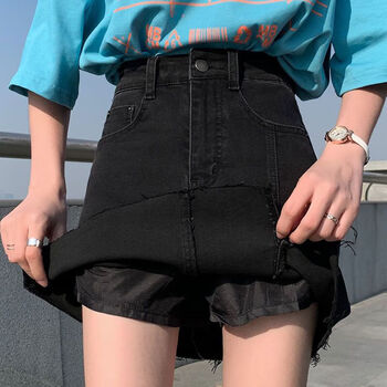 snhn带内衬防走光高腰牛仔短裙包臀裙打底超火显瘦简约字半身裙黑色xs