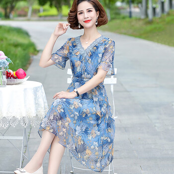 中年妈妈装夏装短袖连衣裙洋气高贵中老年女气质裙子妇女40岁50蓝色l