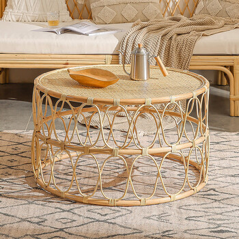 异丽家居客厅茶几竹藤茶几ins北欧藤编组合家具民宿家用圆形藤条茶桌