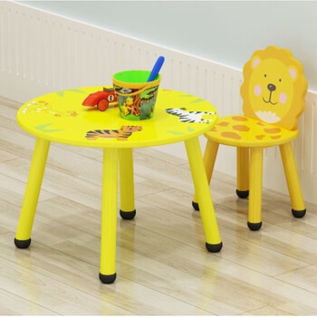 桌椅套装手工游戏玩具桌子卡通凳宝宝学习桌组合实木腿 一圆桌一椅狮
