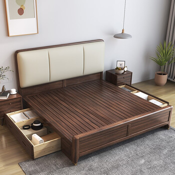 幻乐森 胡桃木实木床2000×2200现代简约2米x2米大床软包北欧双人主卧