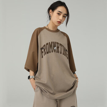 巾玖mwrti字由潮牌复古宽松圆领插肩拼色印花短袖t恤男夏女上衣 咖色 