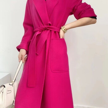 毛呢大衣女双面羊绒大衣女2022中长款宽松韩国手工系玫红色m125140