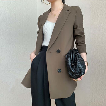 柏朗恩咖色小西装外套女秋季新款时尚休闲气质显瘦黑色职业西服 17#深