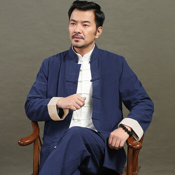 唐装男套装中式男装茶服男古风棉装三件套居士服中国风禅修服 青色两