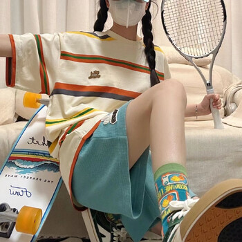 待婉forrc韩版女生学生女装t恤今年的慷慨风套装vintage日韩条纹圆