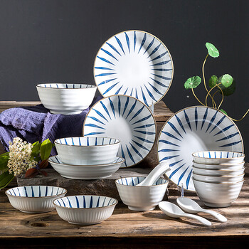 亿嘉ijarl日式餐具套装陶瓷碗盘碟套装高温瓷家居送礼釉下彩兰草系列