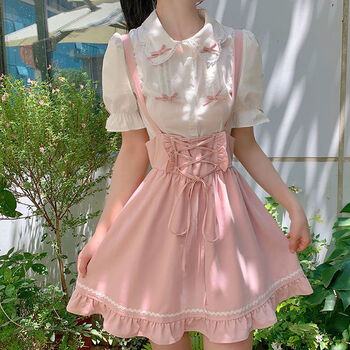 缤其八分甜少女粉色半身裙小个子短裙新款甜美背带裙套装女薄款单件