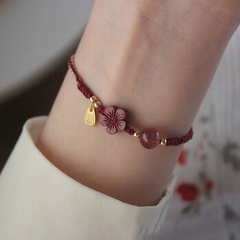 时泽蒂手链女学生本命年朱砂莲花考研上岸手链夏红绳脚链女转运编织绳