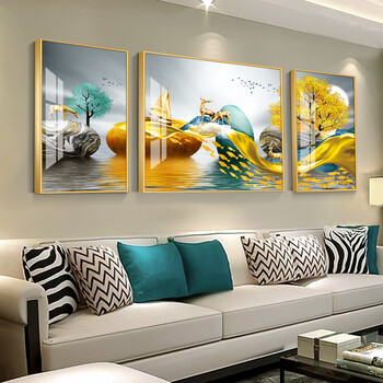 客厅装饰画三幅沙发背景墙挂画石来运转麋鹿现代简约大气三联晶瓷壁画