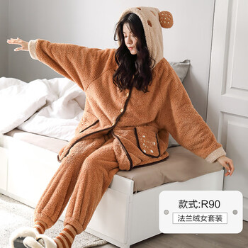 睡衣女冬季珊瑚绒长款连帽加厚可爱网红冬天法兰绒家居服套装r90m