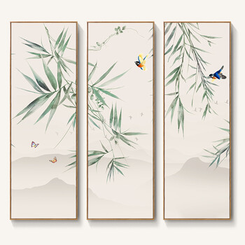 新中式客厅竹子客厅装饰画五联沙发背景墙挂画工笔花鸟画壁画乔迁开业
