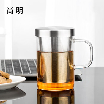 尚明耐热玻璃泡茶杯茶水分离不锈钢过滤办公茶杯带盖带把透明水杯家用 透明500ml