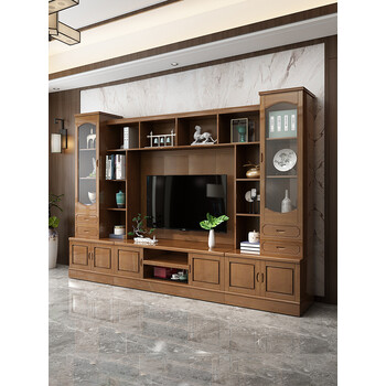 只支持全屋定做 中式实木电视柜墙柜组合客厅整体电视背景柜简约橡木