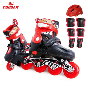 美洲狮（COUGAR） 闪光轮滑鞋儿童套装可调溜冰鞋 黑红M码