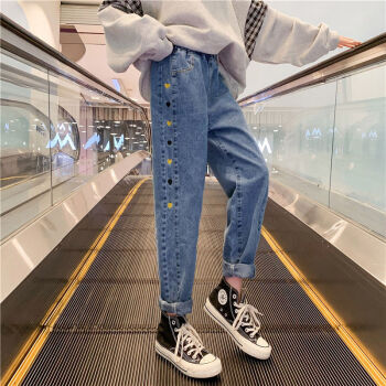 宽松学生长裤秋天韩版秋款女生儿童洋气外穿裤子 侧边黄爱心牛仔裤