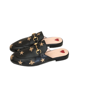 gucci古驰女士黑色经典小蜜蜂皮拖cb黑色系36