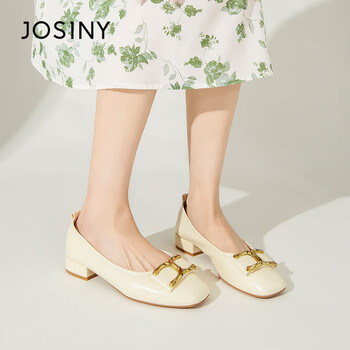 卓诗尼单鞋女时尚百搭通勤休闲女鞋粗跟气质方头浅口时装鞋女米白色37