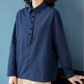 璟空谭小翻领棉麻上衣女春秋新款七分袖衬衫宽松文艺纯色百搭衬衣藏青