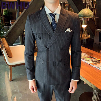 西装男士春季西服套装新郎婚礼结婚定制礼服条纹正装三件套详情咨询s