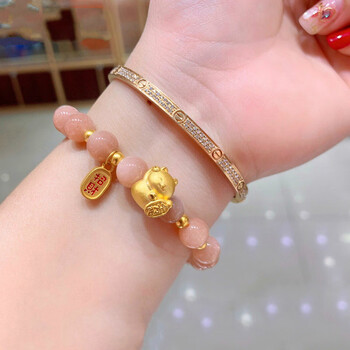 黄金招财猫转运珠手链999足太阳石手串小金珠路路通女款 莲花莲蓬 8mm