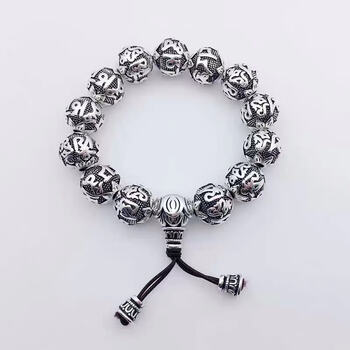 银手串云南丽江雪花银999足银六字真言男女心经佛珠念珠手链 复古15mm