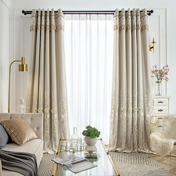 新款双层窗帘全遮光卧室客厅家用钉珠绣花双开遮阳窗帘带纱一体 挂钩