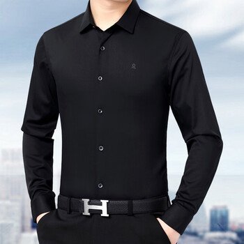 梦特娇长袖衬衫男丝光棉纯棉免烫中年冰丝衬衣休闲春季装黑色16584a