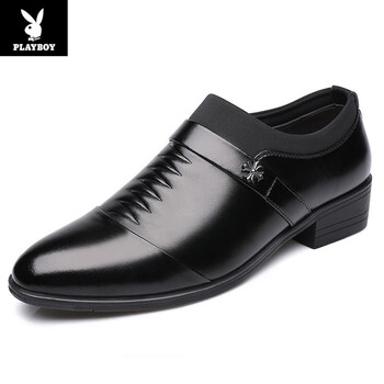 花花公子 秋冬男士高跟鞋英伦绅士正装皮鞋男黑色尖头系带商务宴会