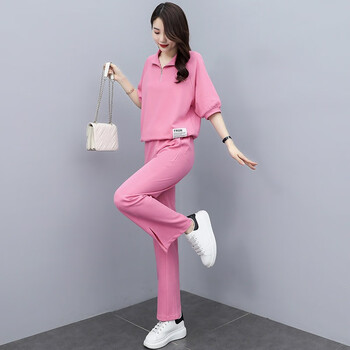 蒂淑兰休闲运动套装女上衣两件套套装裤子2022夏装新款夏季女装绢红m